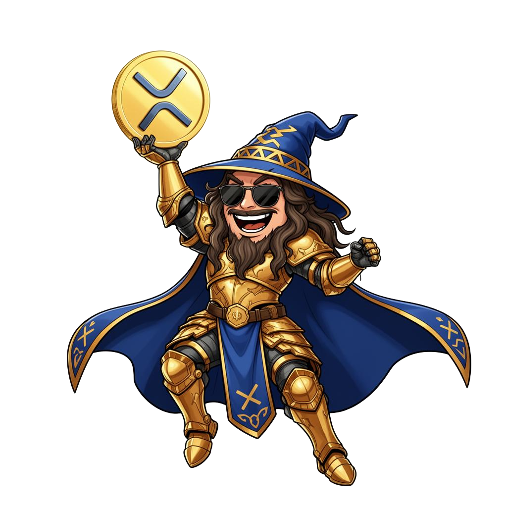 LEDGEND raising an XRP coin in triumph
