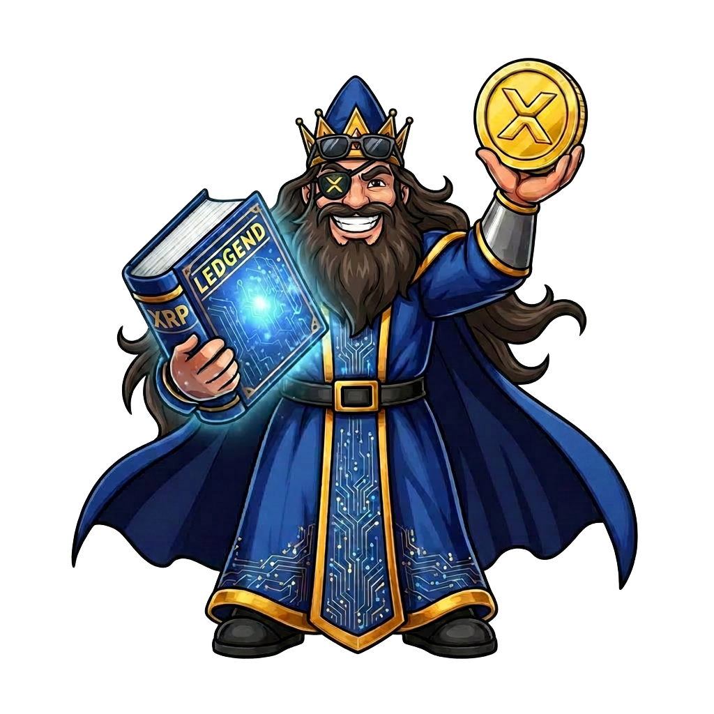 LEDGEND mascot — the legendary wizard-king of the XRP ledger holding a glowing tome and an XRP coin