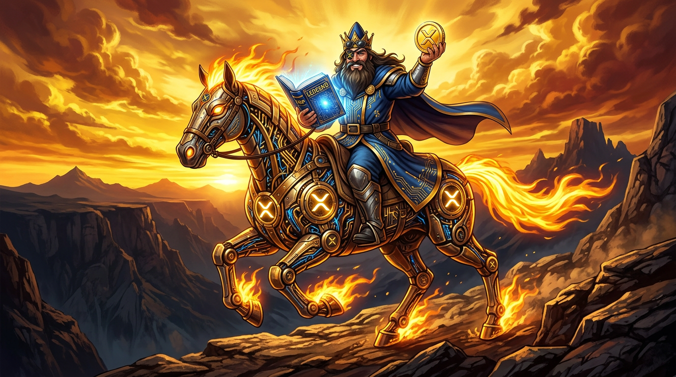 LEDGEND riding a flaming circuit-horse across the mountains at sunset